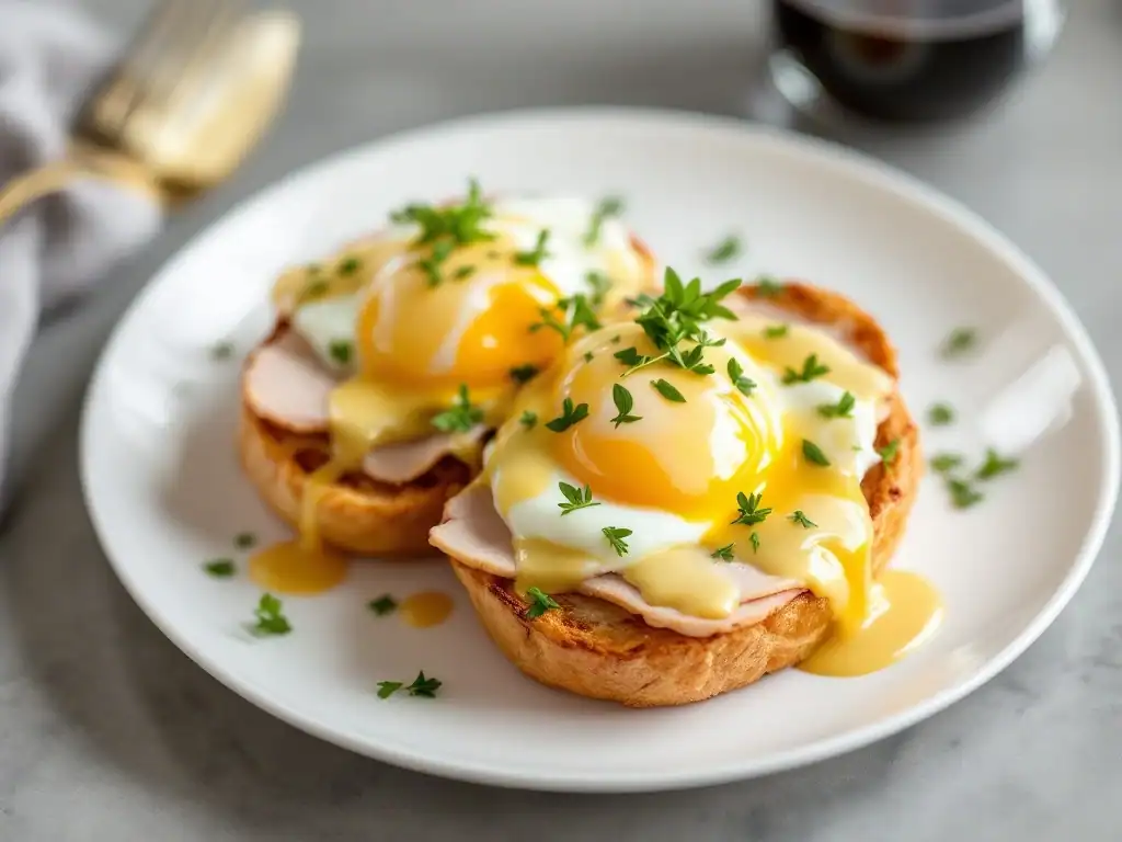 Delicious Eggs Benedict with poached eggs, ham, and hollandaise sauce on toasted English muffins.