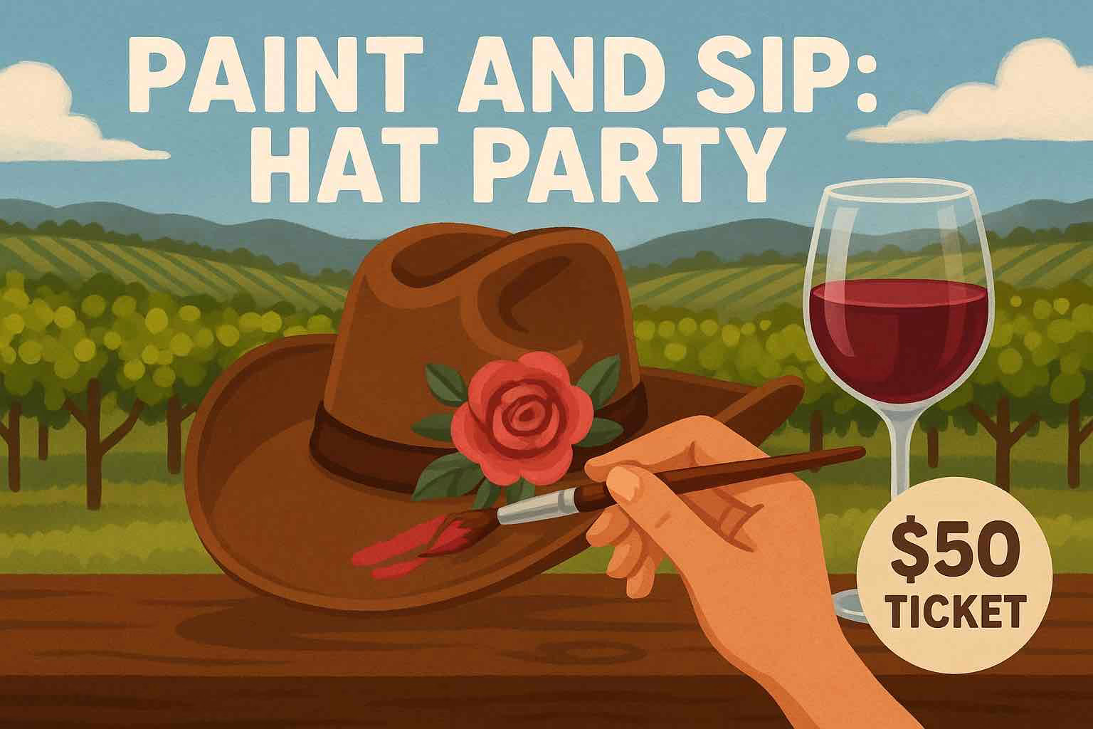 Join us for a creative and fun evening at Laurel Haven Estate in Lancaster, SC! Hosted by Angie Waid of Artsy Adventures, this Hat Painting Class is the perfect way to relax, sip wine, and create your own custom masterpiece