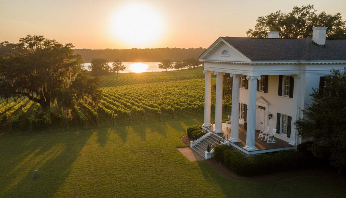 Elegant house beside vineyard at sunset.