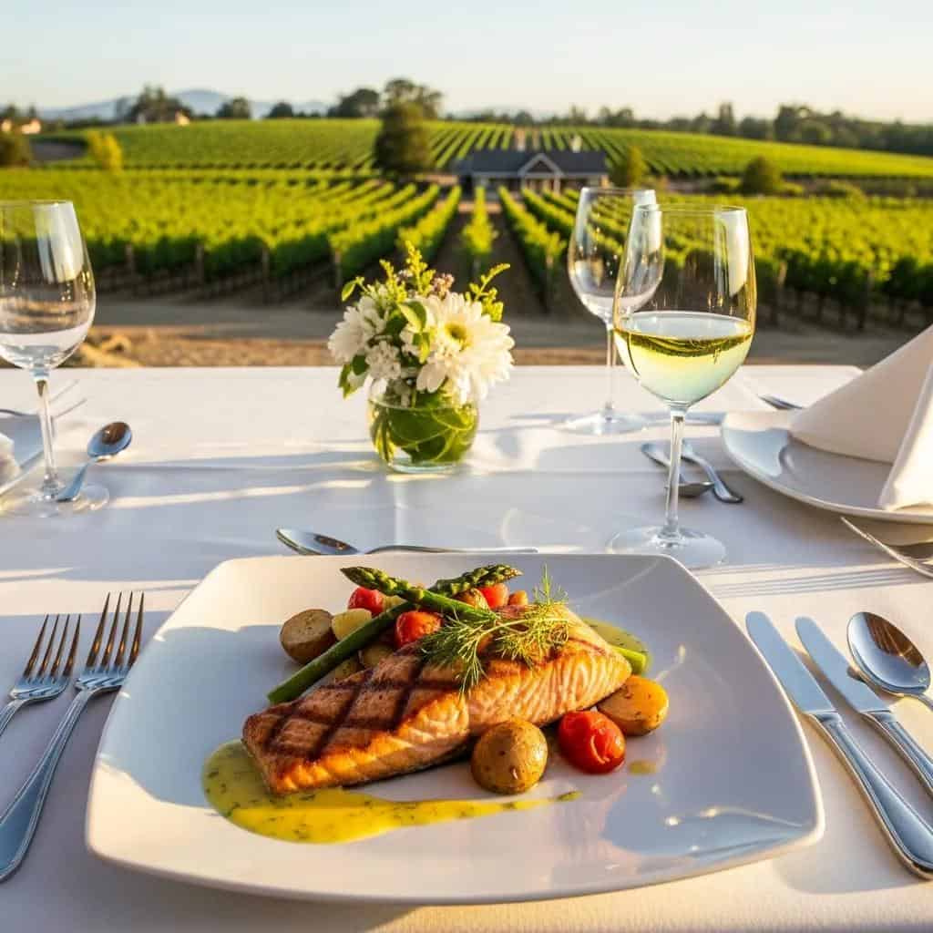 Gourmet dining experience with grilled salmon and Chardonnay at Laurel Haven Estate