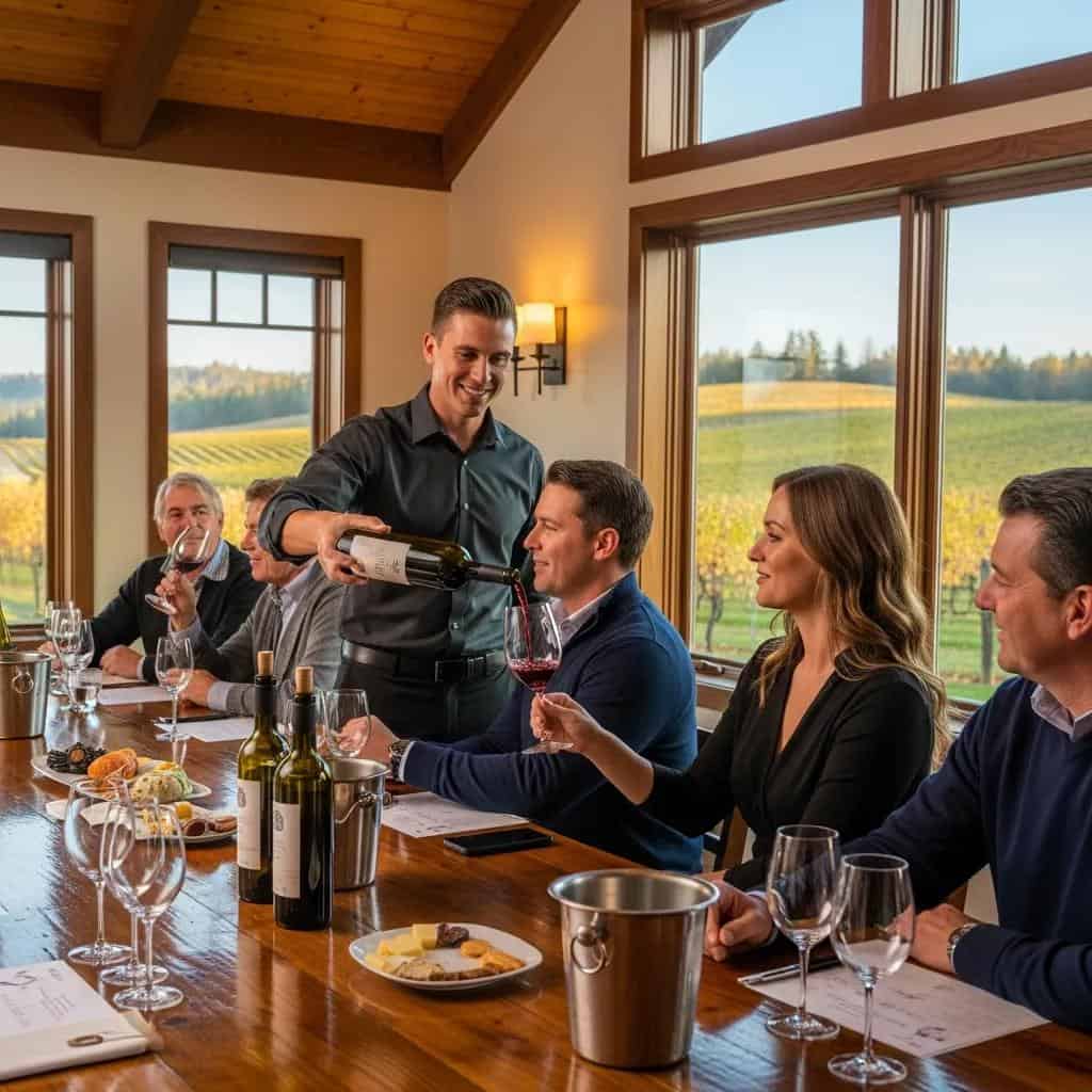 Guests enjoying a wine tasting experience at Laurel Haven Estate