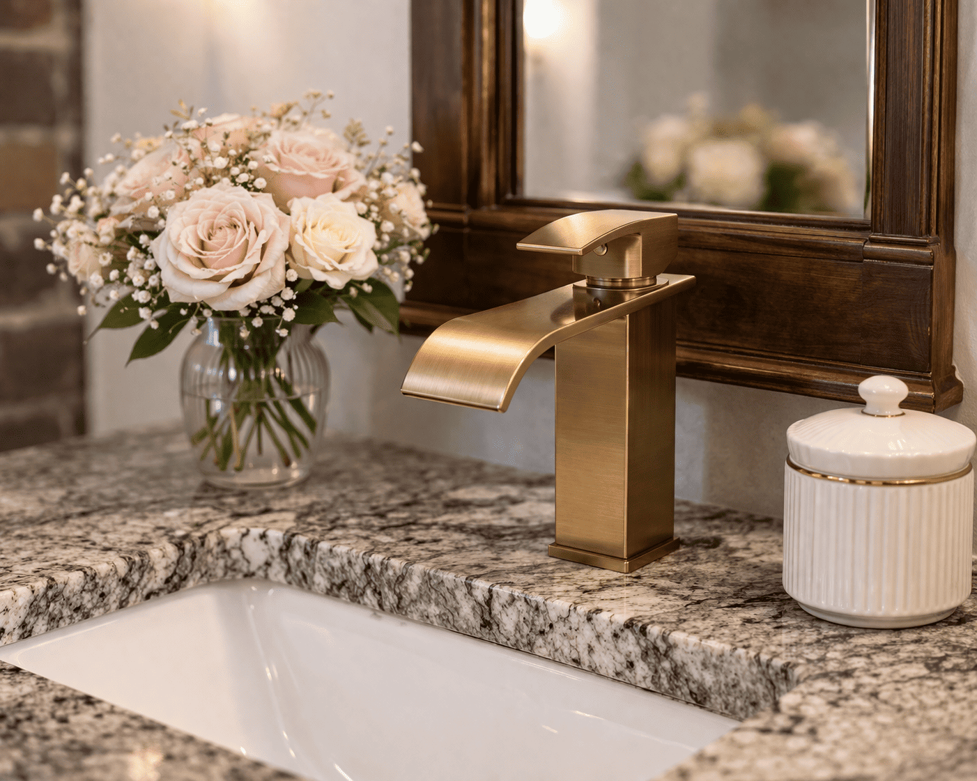 Close-up of marble bathroom vanity with brass faucet and floral decor at Laurel Haven Estate vineyard bed and breakfast in Lancaster SC