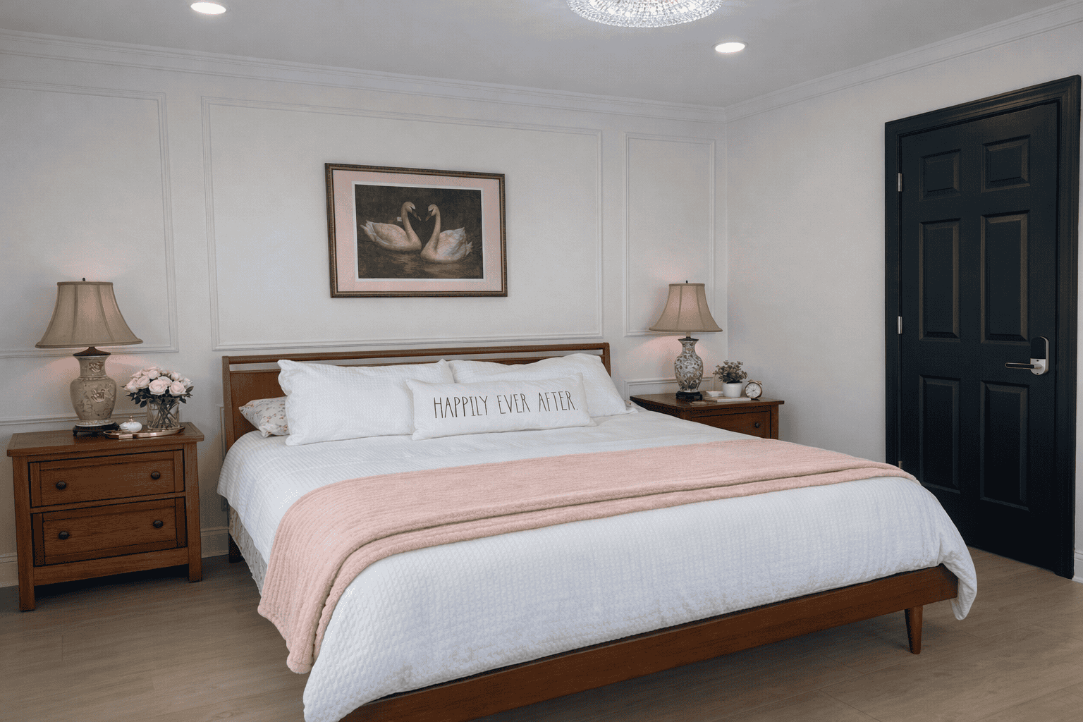 Bright and elegant bedroom at Laurel Haven Estate featuring a king bed with white linens, blush throw blanket, matching wood nightstands with lamps, decorative artwork above the bed, and soft natural lighting in a serene luxury bed and breakfast setting