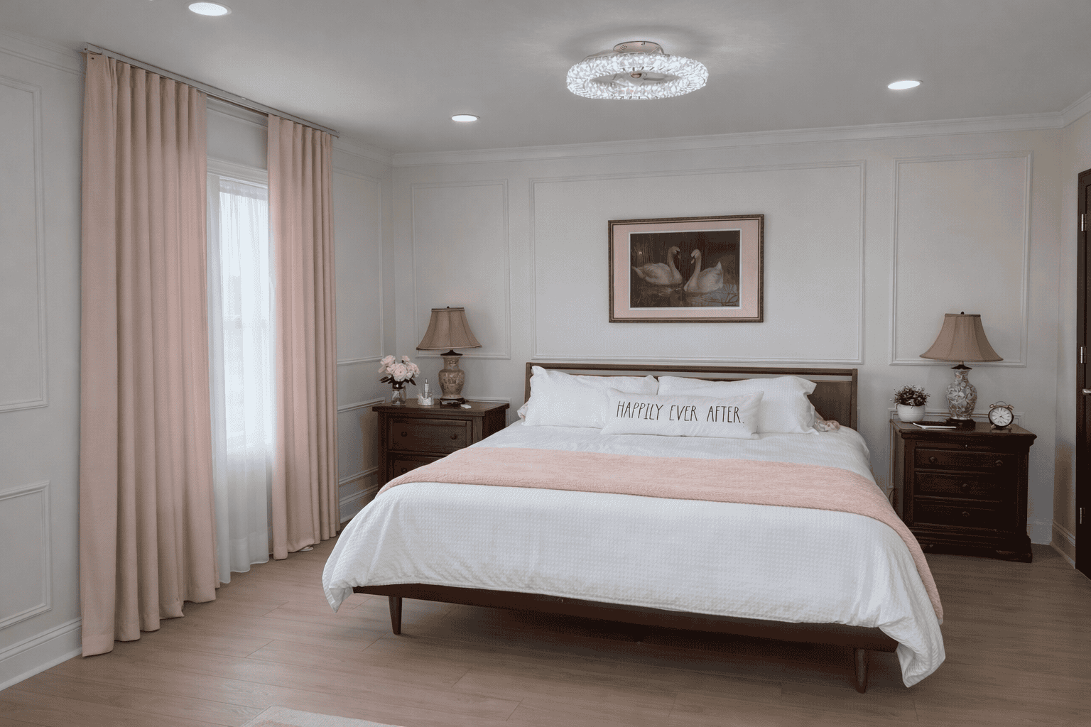 Elegant bridal suite bedroom at Laurel Haven Estate in Lancaster SC featuring a king bed with white linens, blush pink throw blanket, matching wood nightstands, decorative accessories, framed artwork, and floor-to-ceiling blush curtains with natural light