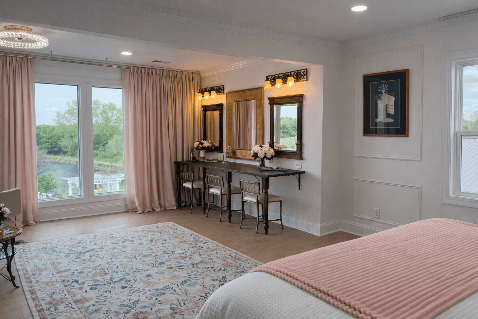 Elegant vineyard bridal suite at Laurel Haven Estate in Lancaster, South Carolina featuring panoramic views of rolling grapevines, a scenic lake, and poolside terrace. This luxury bed and breakfast suite offers a romantic setting with floor-to-ceiling windows, blush drapery, and refined interiors—perfect for weddings, bridal getting-ready moments, and romantic vineyard stays near Charlotte, NC.