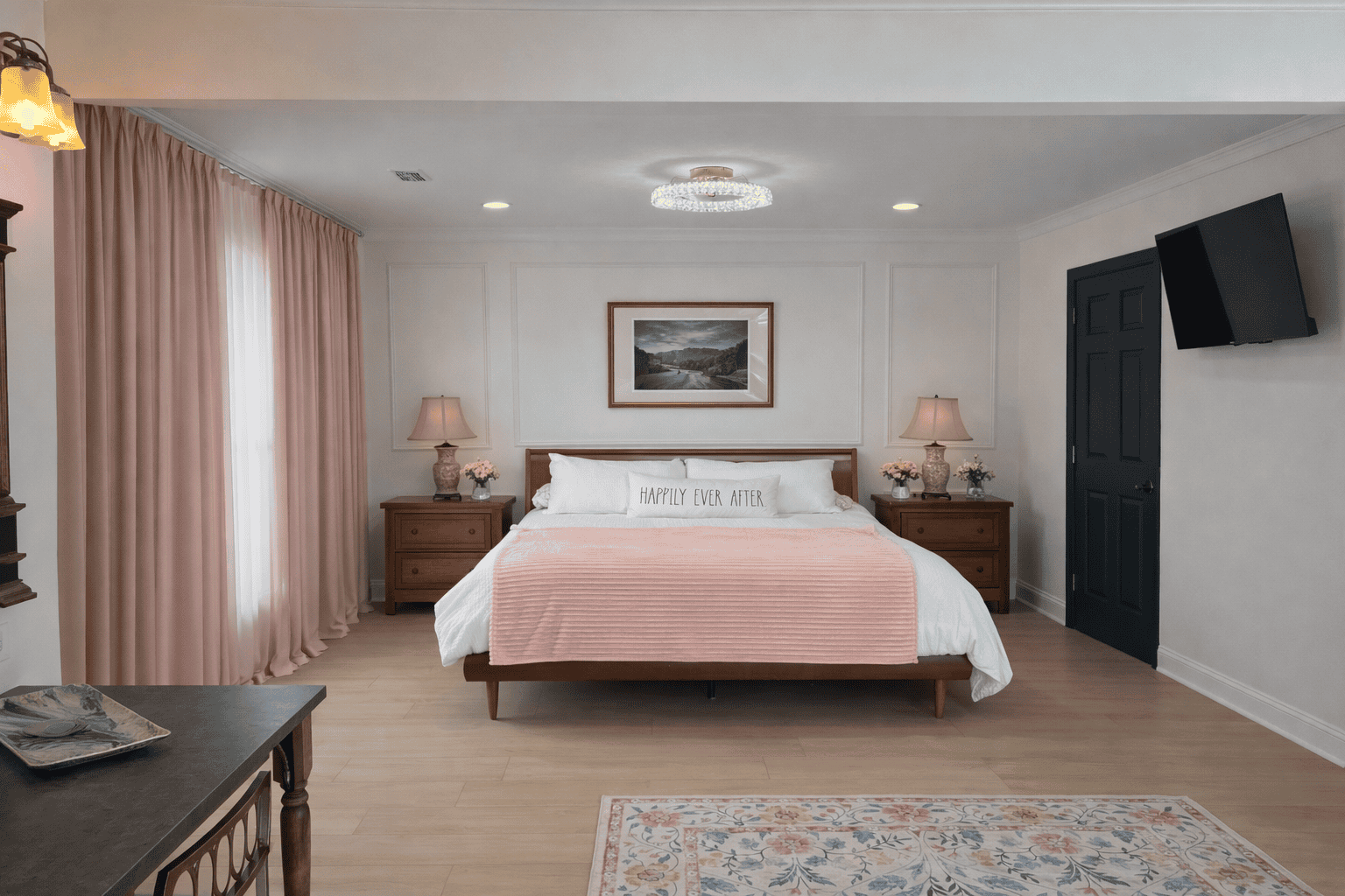 This elegant king bedroom at Laurel Haven Estate Vineyard and Winery in Lancaster, South Carolina features a spacious layout, soft blush accents, and refined furnishings. Designed for comfort and style, this luxury bridal suite and bed and breakfast room offers a serene, upscale retreat perfect for wedding stays, romantic getaways, and weekend escapes near Charlotte, NC.