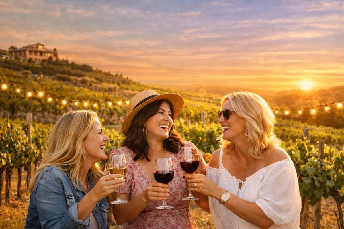 Women enjoying wine at sunset in a scenic vineyard at Laurel Haven Estate during Mother&rsquo;s Day weekend, featuring brunch, a local market, and relaxing outdoor experiences.