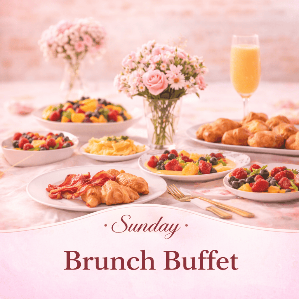 Elegant Mother’s Day brunch buffet at Laurel Haven Estate in Lancaster SC near Charlotte NC featuring fresh fruit, pastries, hot breakfast dishes, and mimosas in a soft, garden-inspired setting.