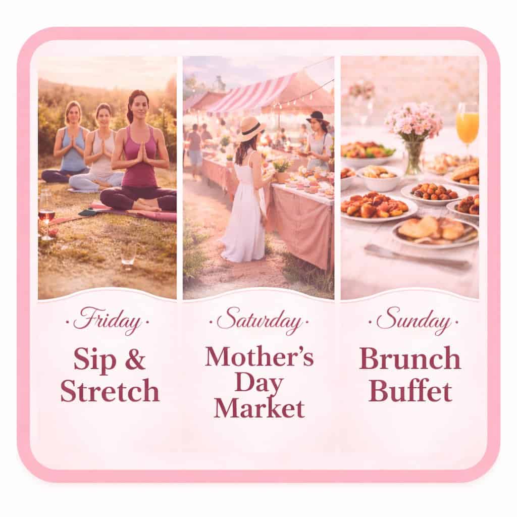 Three-day Mother’s Day event lineup at Laurel Haven Estate in Lancaster SC near Charlotte NC featuring Friday yoga and wine, Saturday vendor market, and Sunday brunch buffet in a vineyard setting. Alt Option (more search-driven):