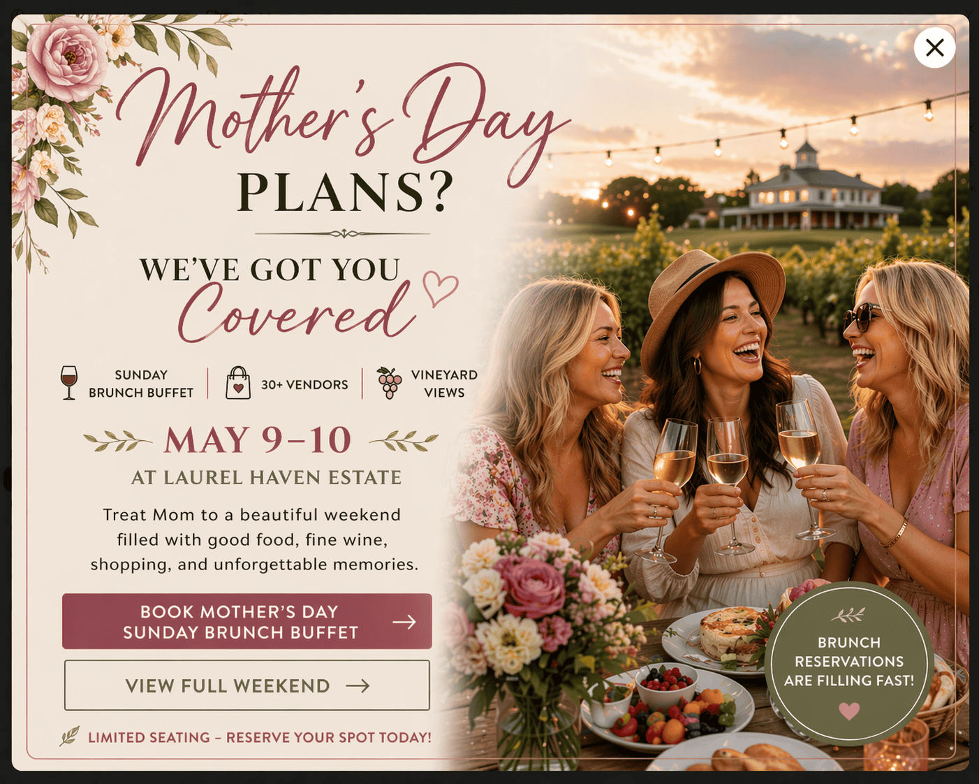 omen enjoying wine and Sunday brunch buffet at a vineyard on Mother&rsquo;s Day