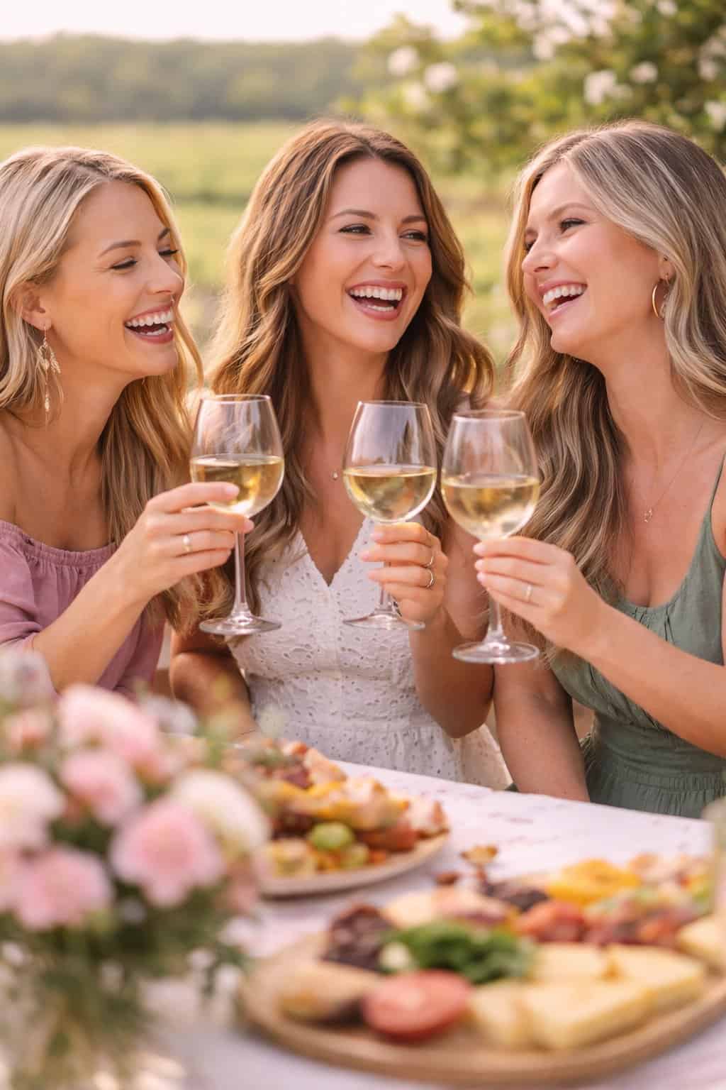 Three women laughing and enjoying wine together at a vineyard in Lancaster SC near Charlotte NC, capturing a fun and relaxed social experience at Laurel Haven Estate.