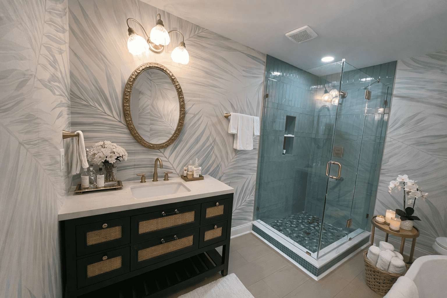 Stylish bathroom in Laurel Haven Estate’s Dogwood Suite featuring a dark green vanity with brass fixtures, oval mirror, tropical leaf wallpaper, glass walk-in shower, and staged accessories including fresh flowers, candles, and neatly folded towels for a spa-like feel.
