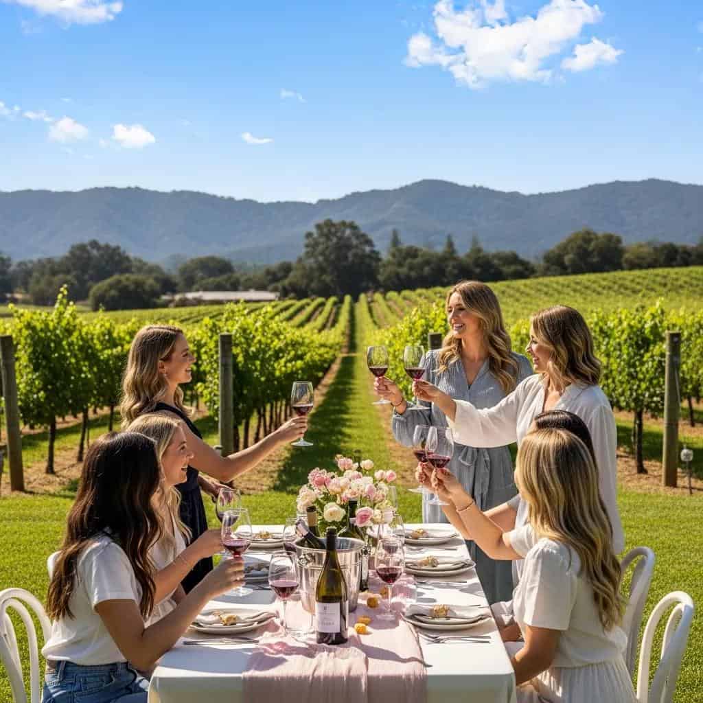 Bachelorette party at a vineyard with women enjoying wine tasting and scenic views