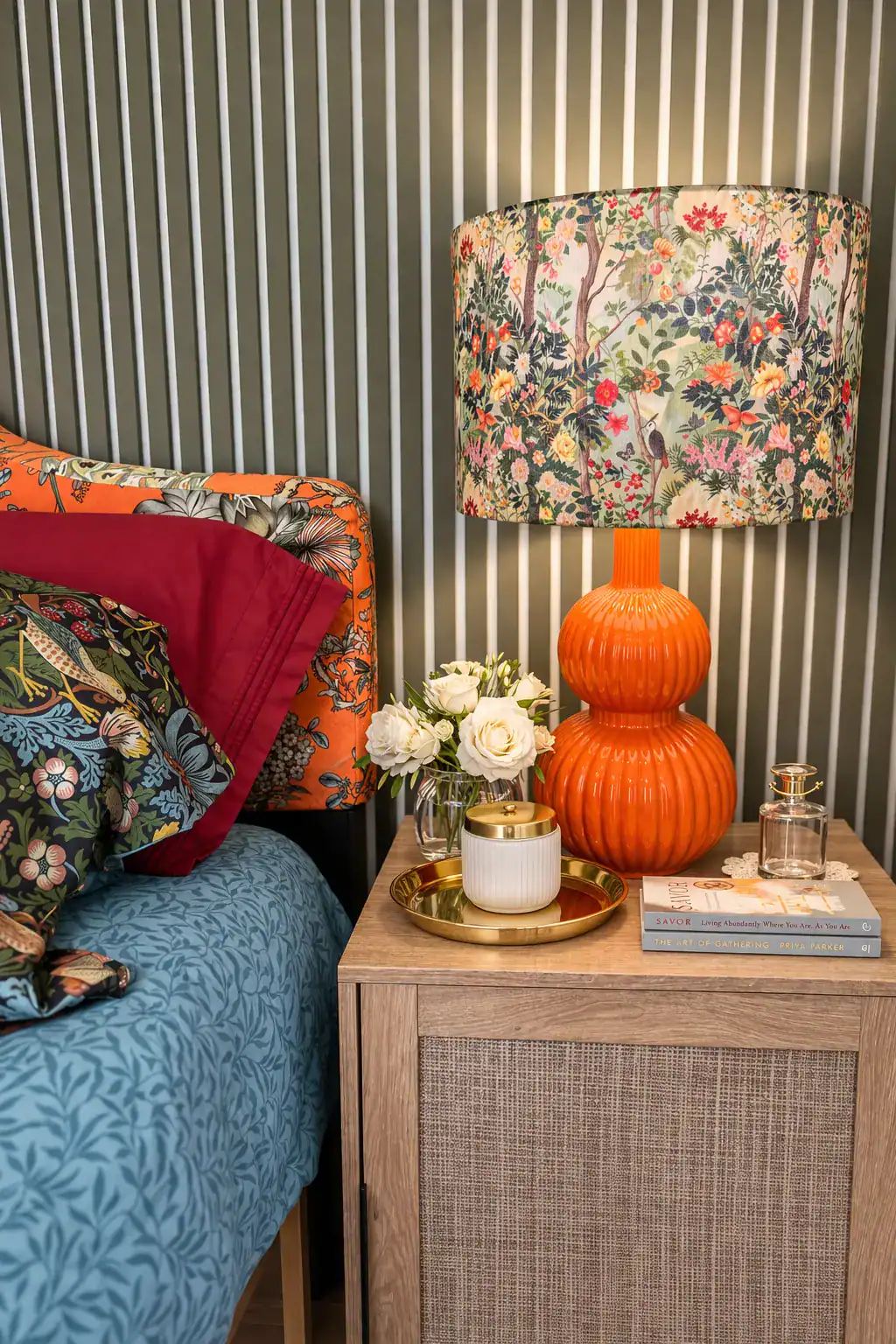 Luxury bed and breakfast bedside decor near Charlotte NC with designer lamp, flowers, and styled nightstand at Laurel Haven Estate vineyard