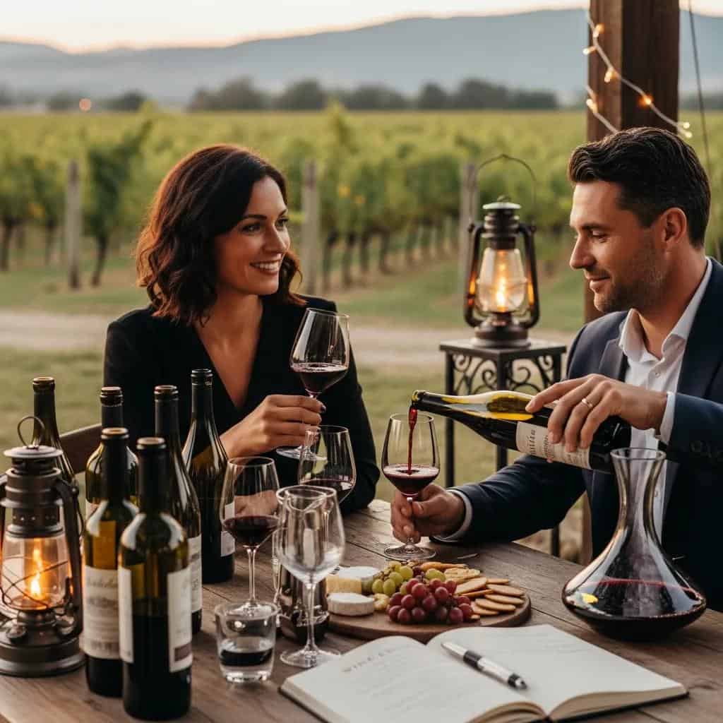 Couple enjoying a curated wine tasting experience in a romantic vineyard setting