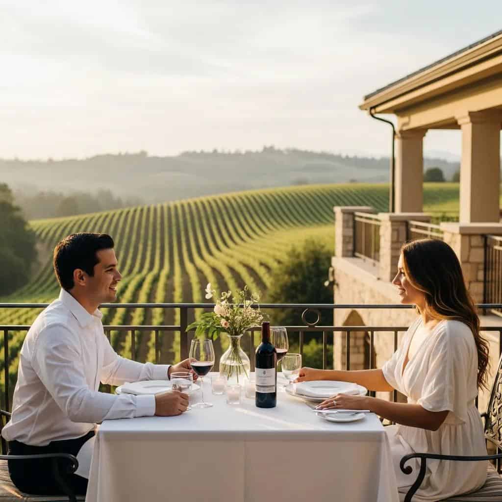 Couple enjoying a romantic vineyard stay with wine at Laurel Haven Estate