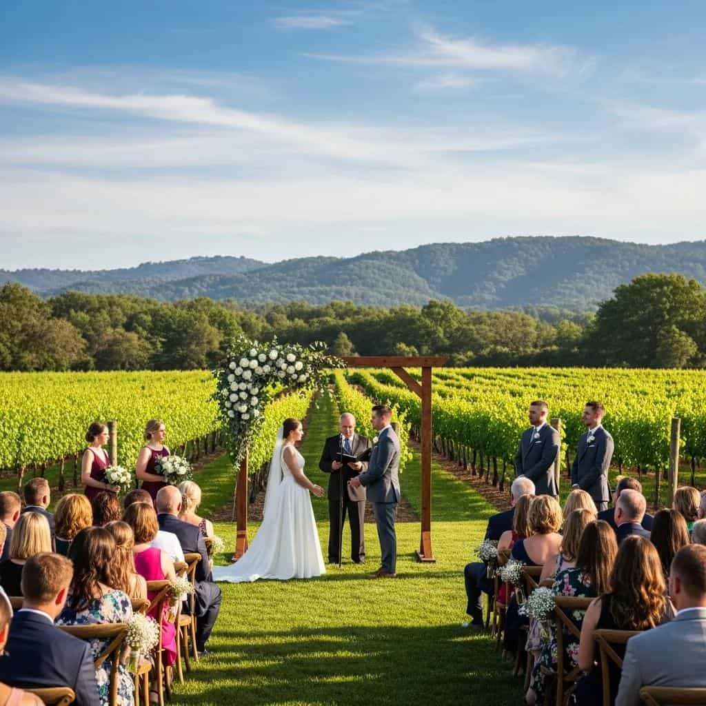Couple exchanging vows at a vineyard wedding ceremony surrounded by grapevines and scenic views
