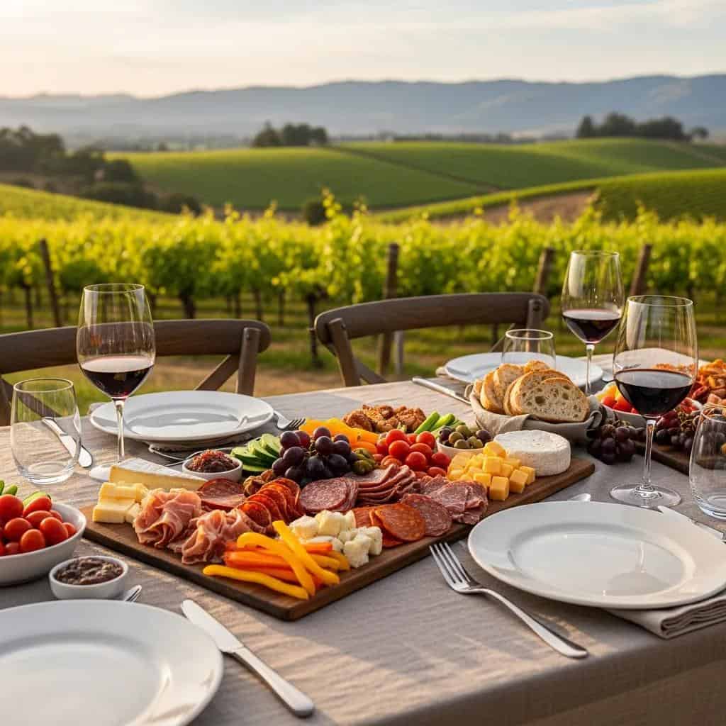 Dining table with charcuterie board and vineyard views, showcasing a delightful dining experience