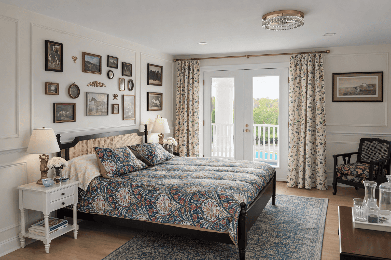 Romantic bedroom at a bed and breakfast near Charlotte NC featuring a king bed, elegant decor, and private balcony views at Laurel Haven Estate