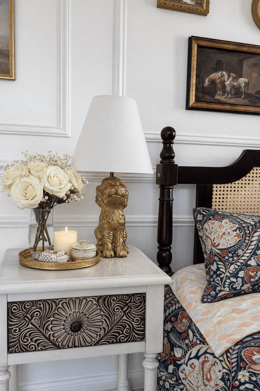 Styled bedside table in Laurel Haven Estate’s Dogwood Suite featuring a carved white nightstand, gold dog lamp, fresh white roses, decorative tray with candle and accents, and neatly arranged bedding with patterned pillows.