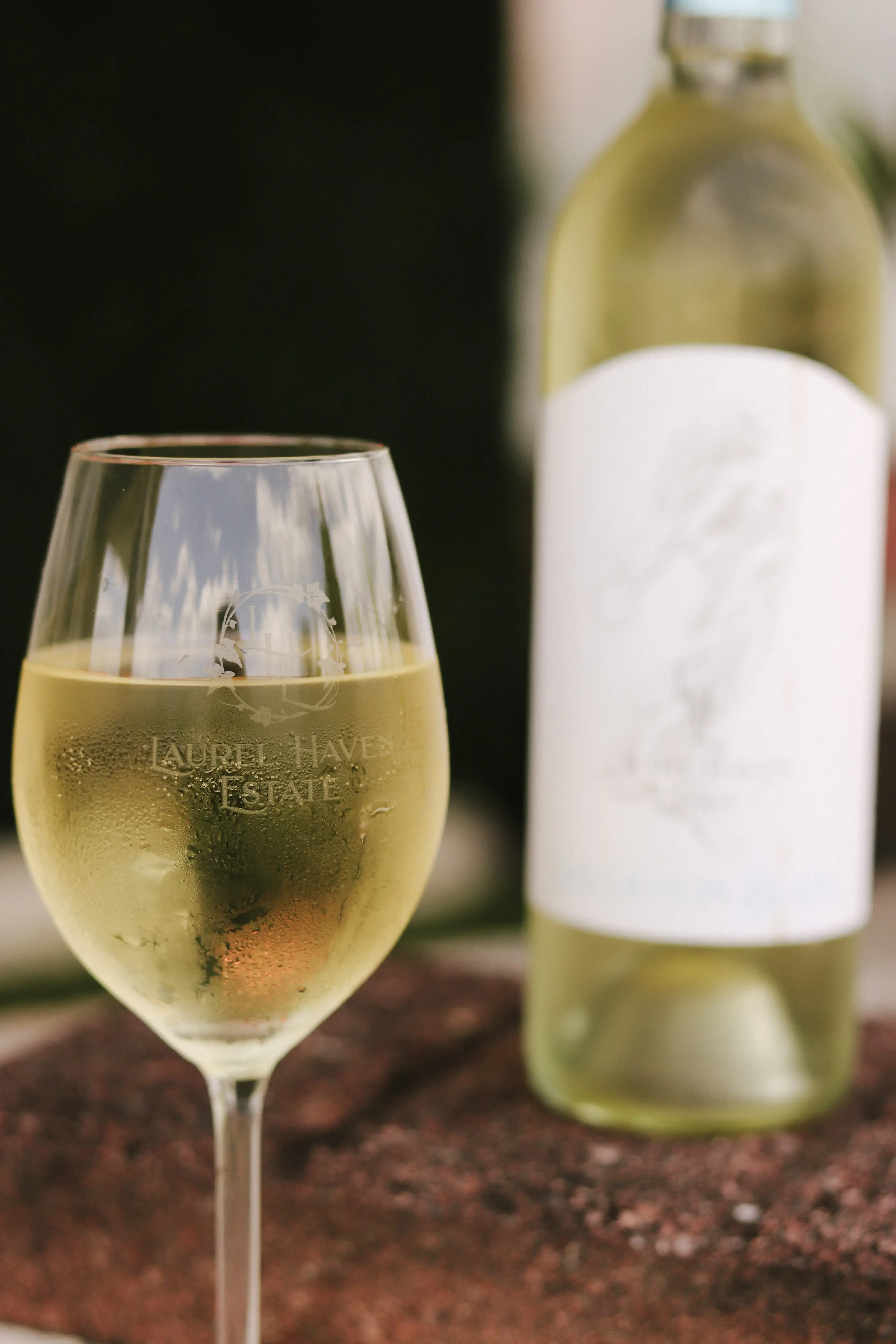 Chilled Sauvignon Blanc bottle and glass at Laurel Haven Estate Vineyard and Winery near Charlotte NC, showcasing fresh white wine in a scenic vineyard setting