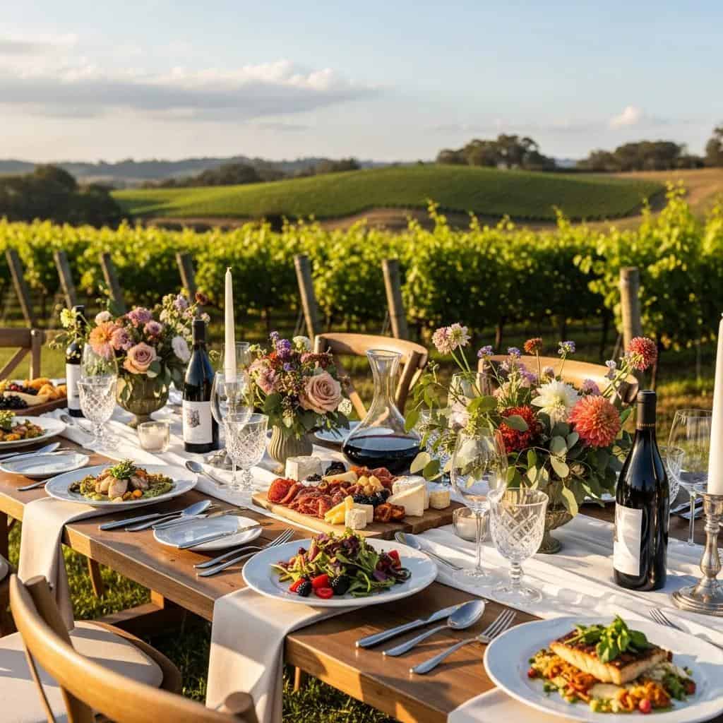 Elegant vineyard dining setup with gourmet dishes and scenic views