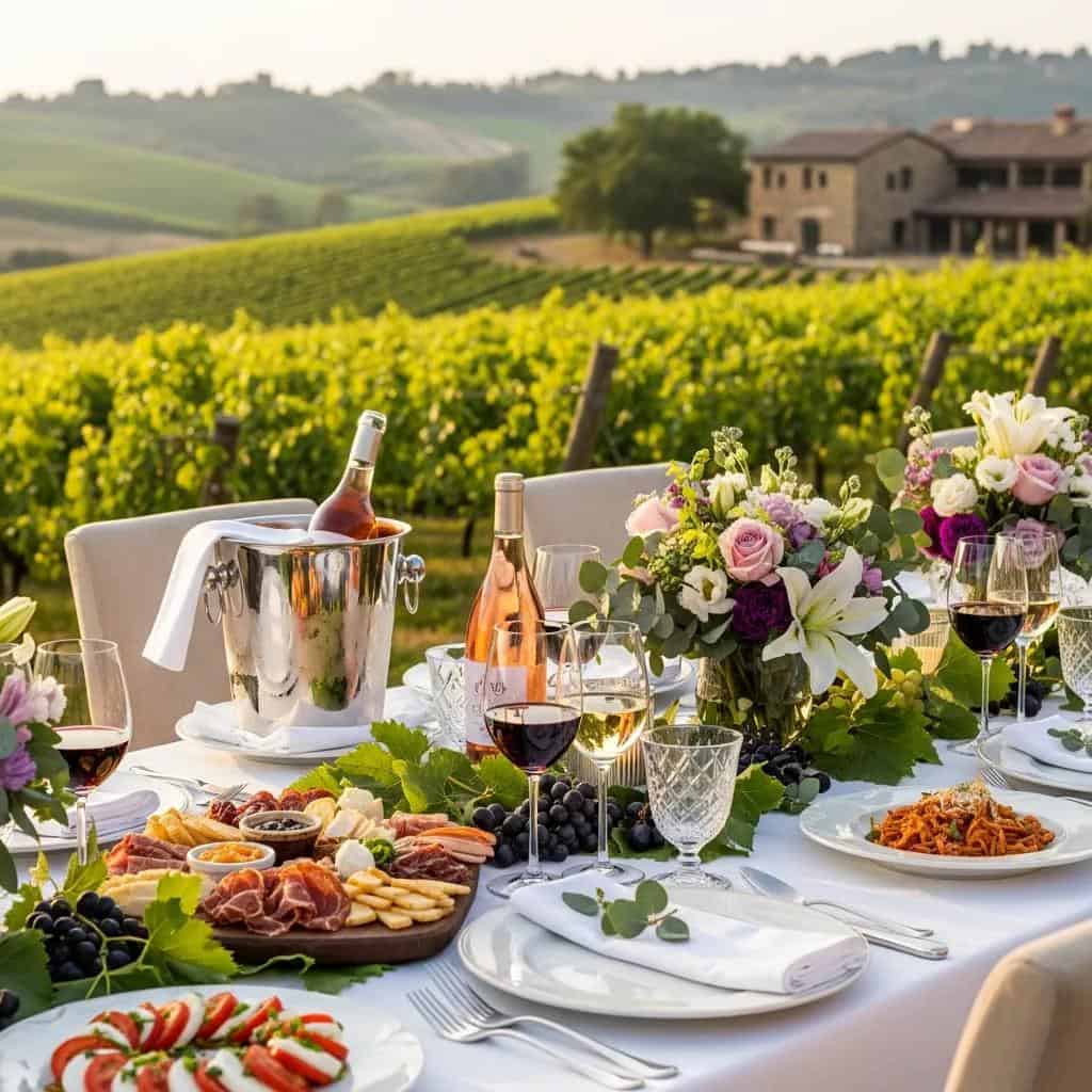 Elegant vineyard dining setup with gourmet dishes and wine glasses amidst lush vineyards