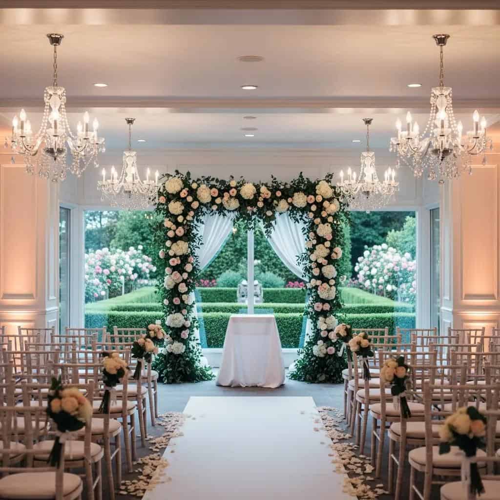 Romantic wedding setup at Laurel Haven Estate with floral arrangements and refined table settings