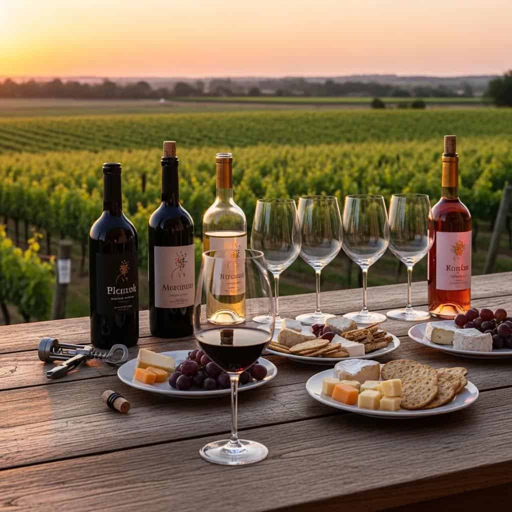 Elegant wine tasting setup with bottles and glasses against a vineyard backdrop