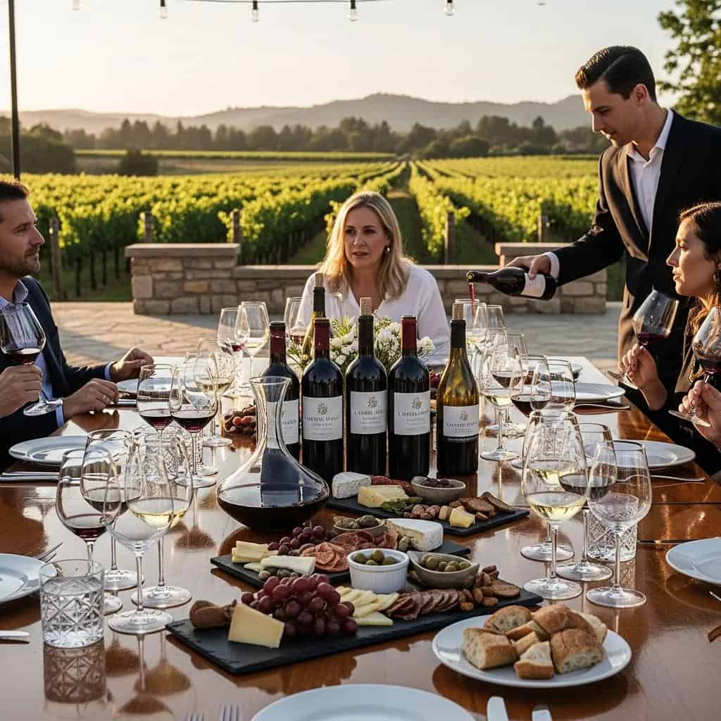 Elegant wine tasting setup with gourmet food pairings at Laurel Haven Estate in a vineyard setting