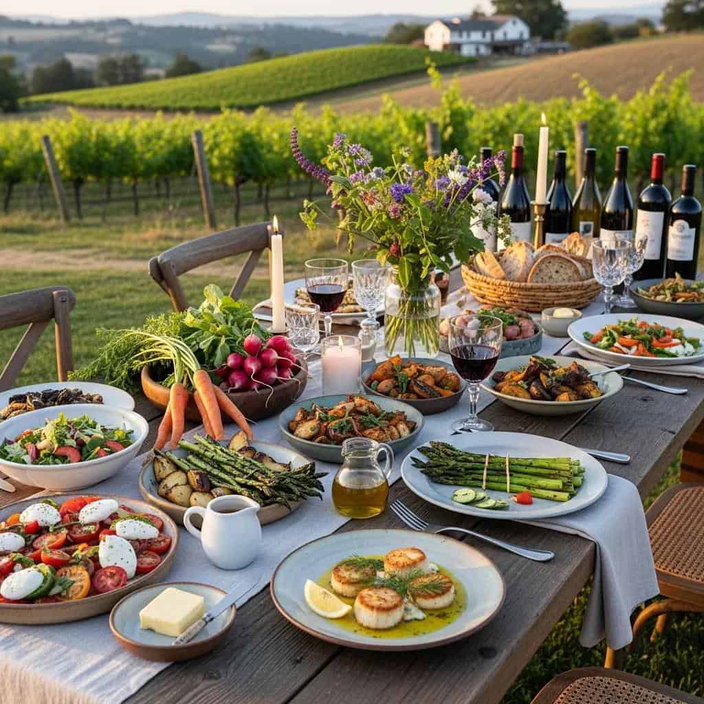Farm-to-table dining setup featuring seasonal dishes and wine pairings in a vineyard