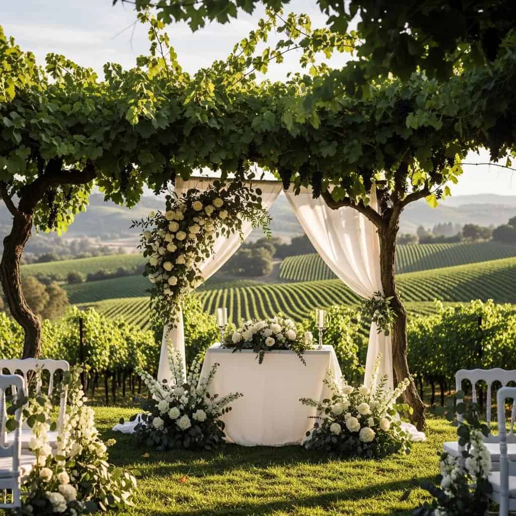 Intimate outdoor micro wedding setup at Laurel Haven Estate with lush grapevines and elegant decor