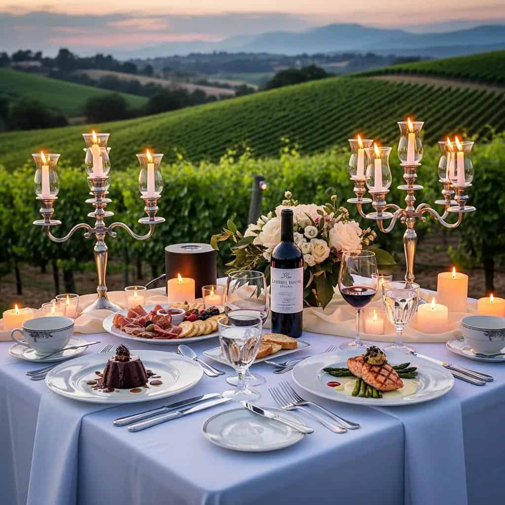 Intimate vineyard dining with gourmet plates and wine at Laurel Haven Estate