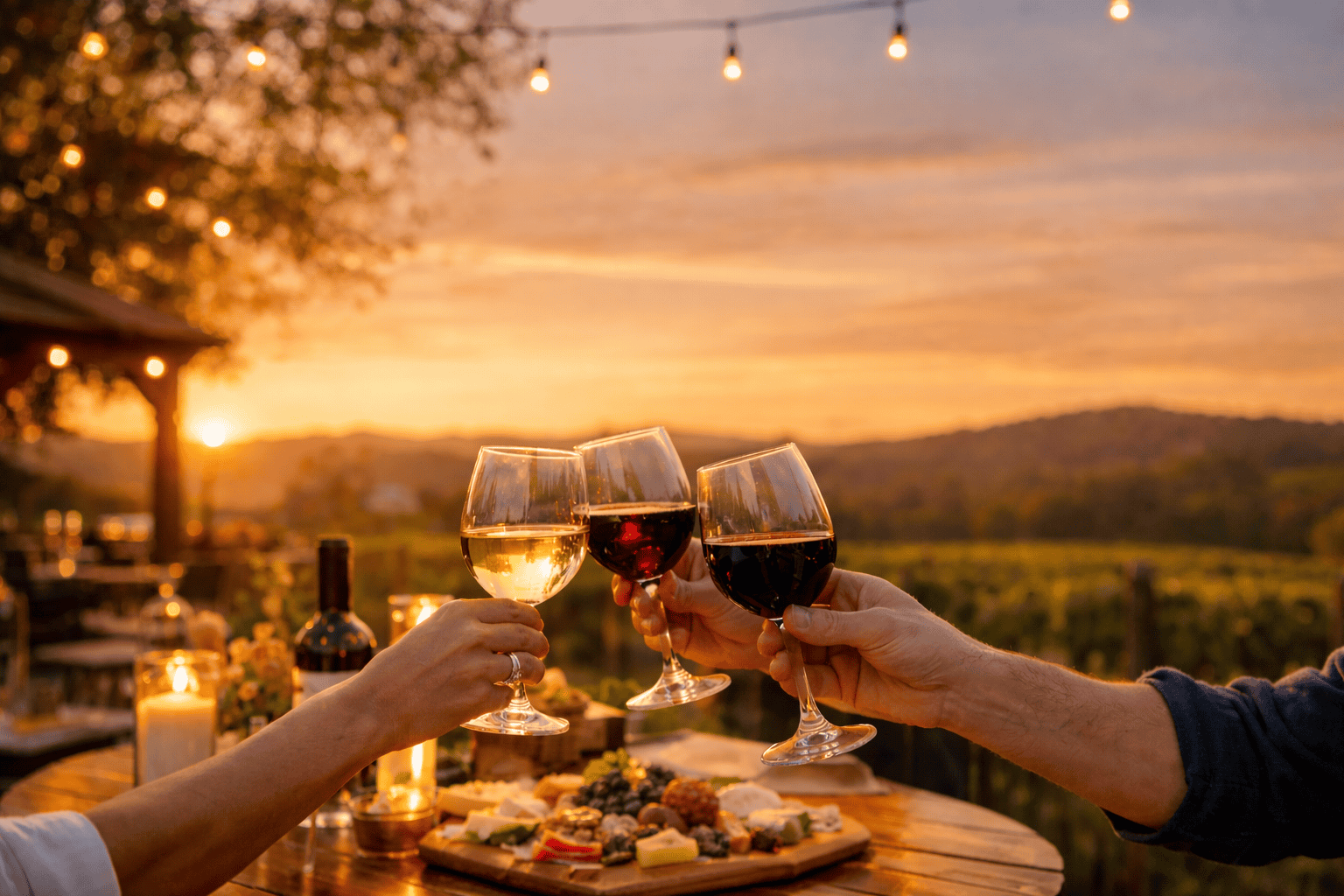 restaurant in Lancaster SC with wine glasses at sunset overlooking vineyard