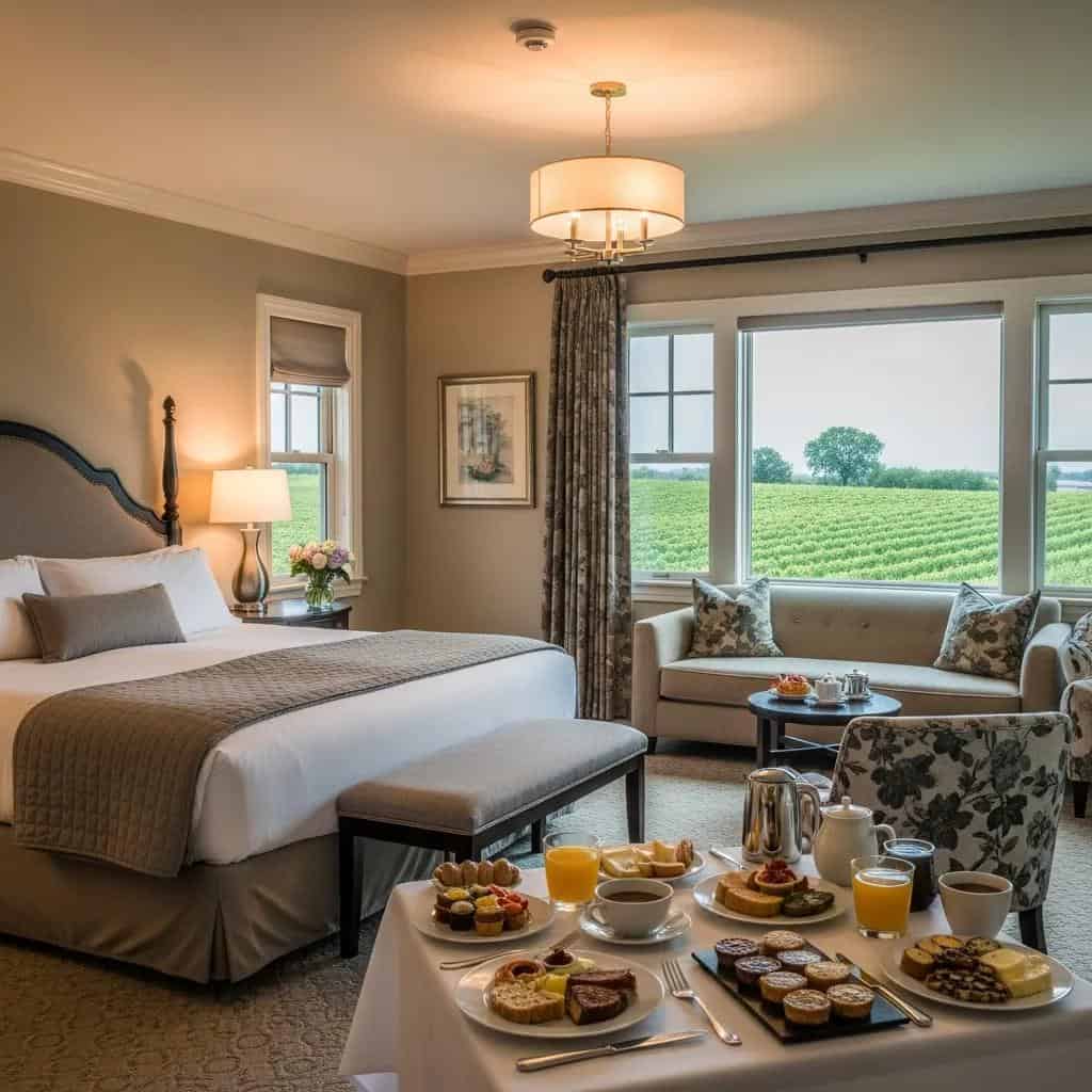 Luxurious bed and breakfast room with vineyard view and gourmet breakfast