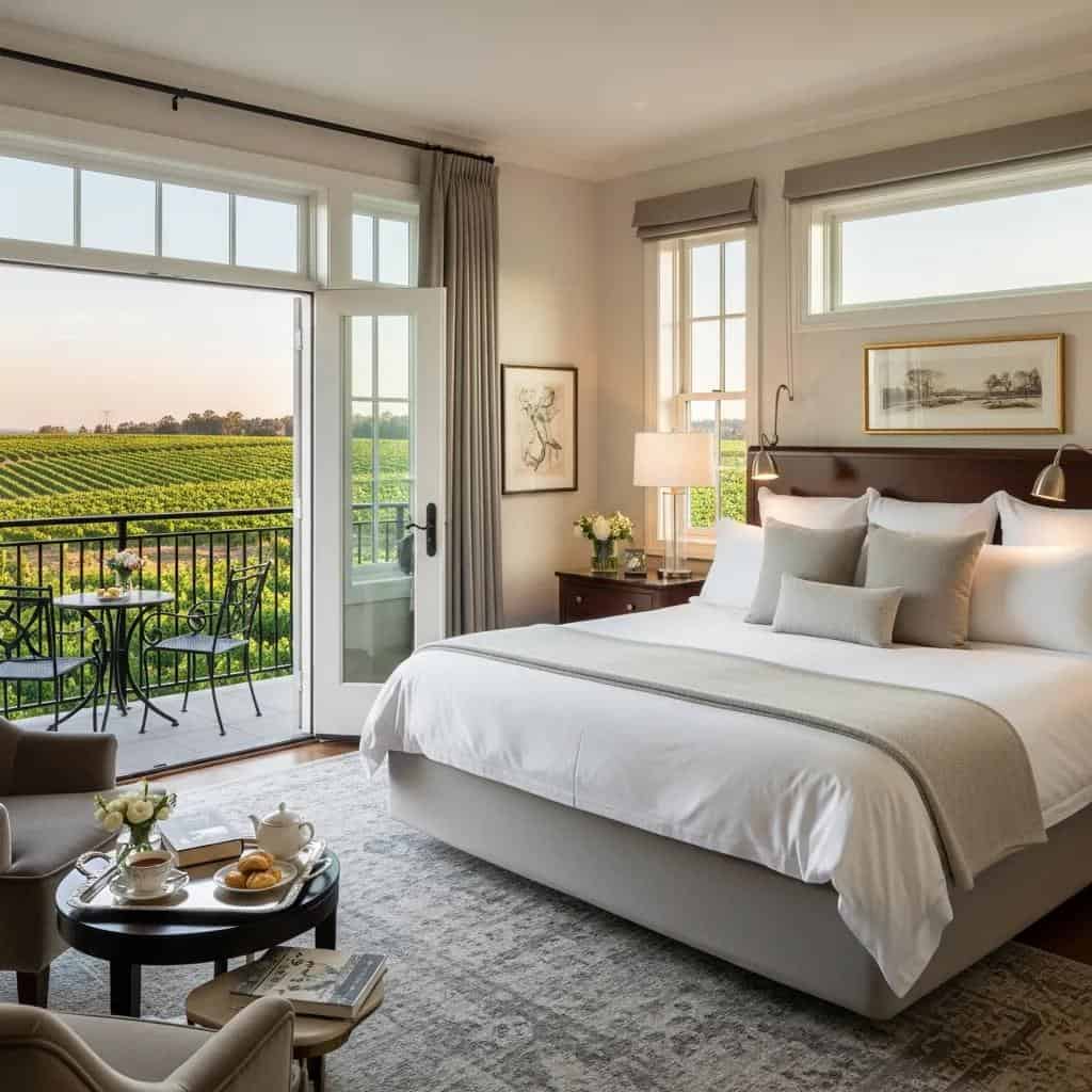 Luxurious guest suite at Laurel Haven Estate with plush bedding and vineyard views