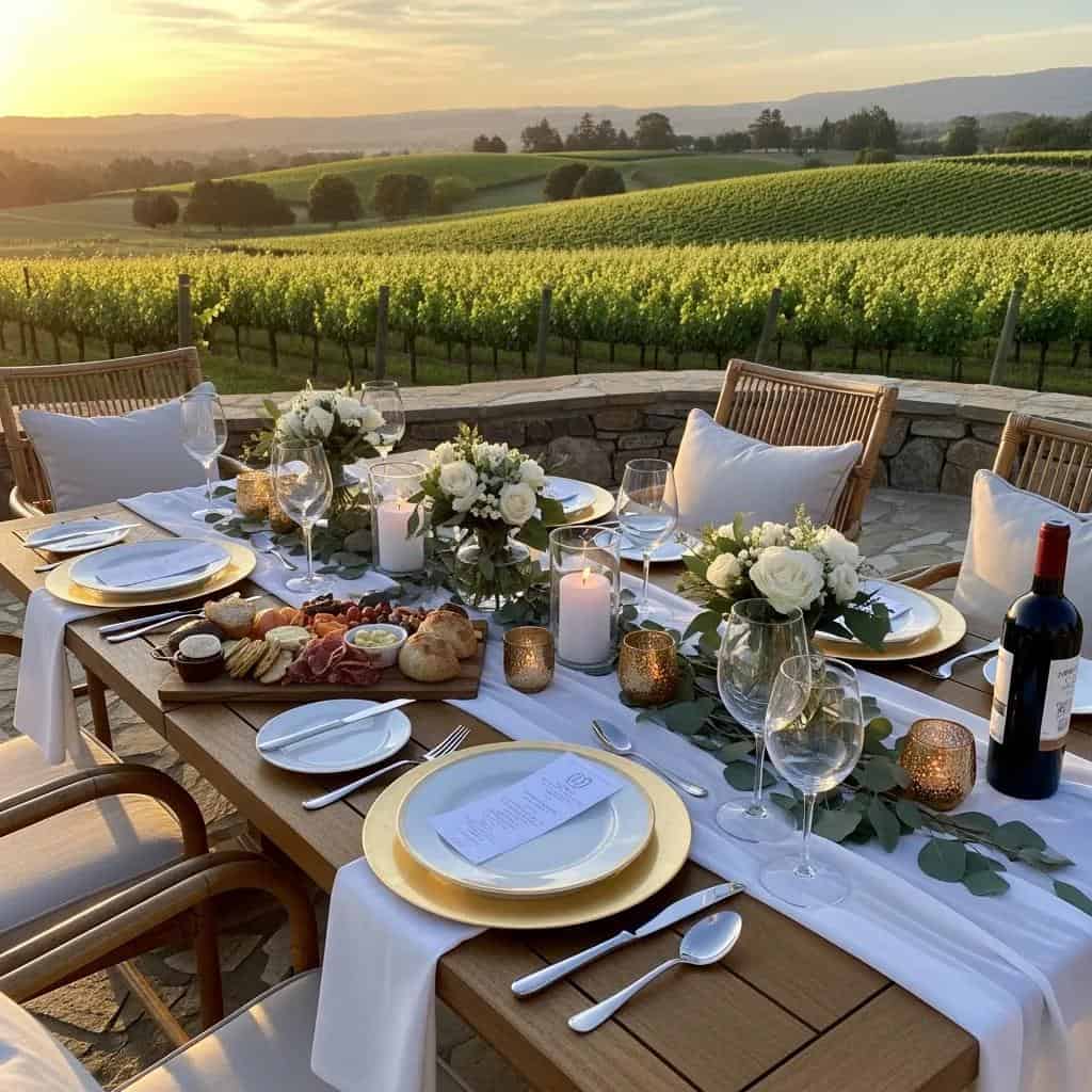 Luxurious vineyard dining setup with elegant tableware amidst lush grapevines