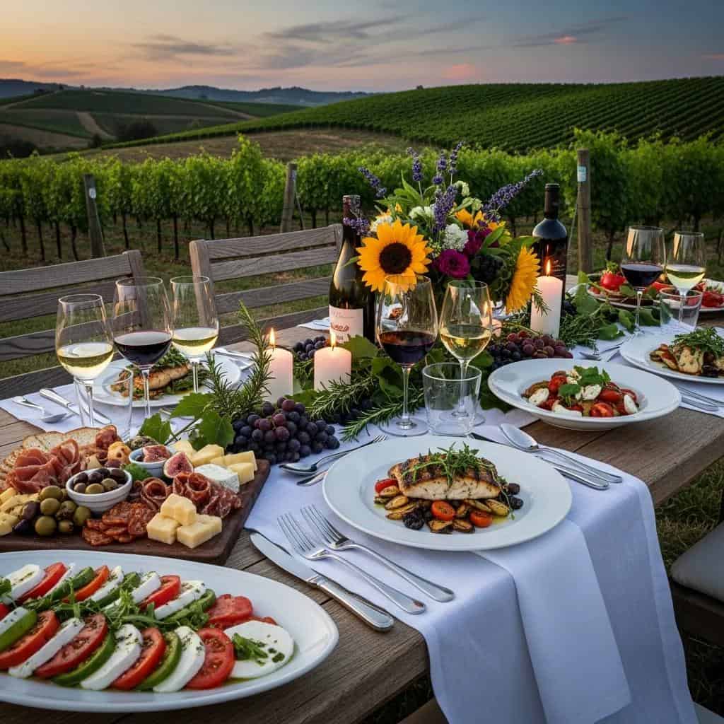 Outdoor gourmet dining setup in a vineyard with exquisite dishes and wine
