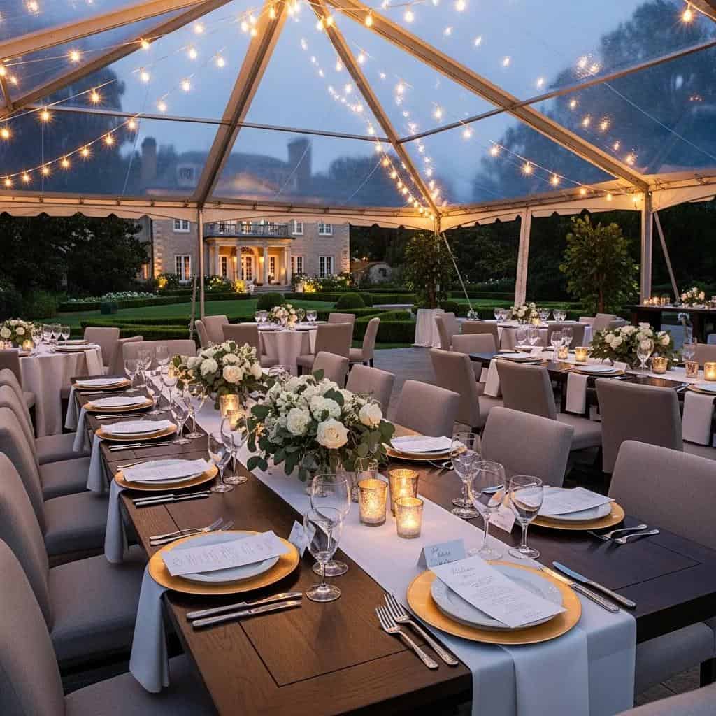 Refined private event at Laurel Haven Estate with elegant dining and ambient lighting