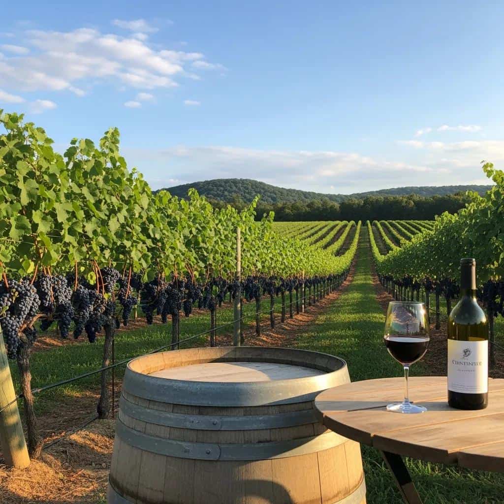 Vibrant vineyard landscape in South Carolina with wine glass and barrel
