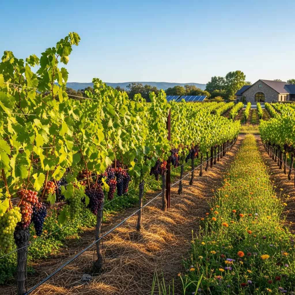 Vibrant vineyard scene illustrating sustainable viticulture practices at Laurel Haven Estate
