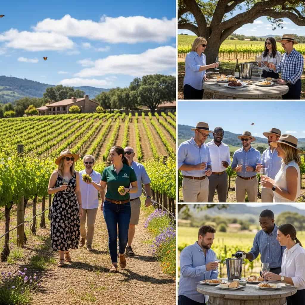 Visitors enjoying a sustainable winery tour, engaging with the vineyard and tasting wines