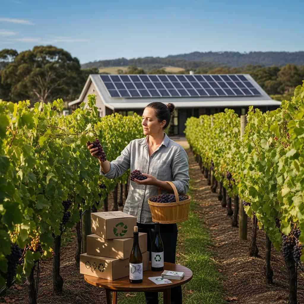 Winemaker inspecting organic grapes with solar panels in the background, showcasing eco-friendly wine production