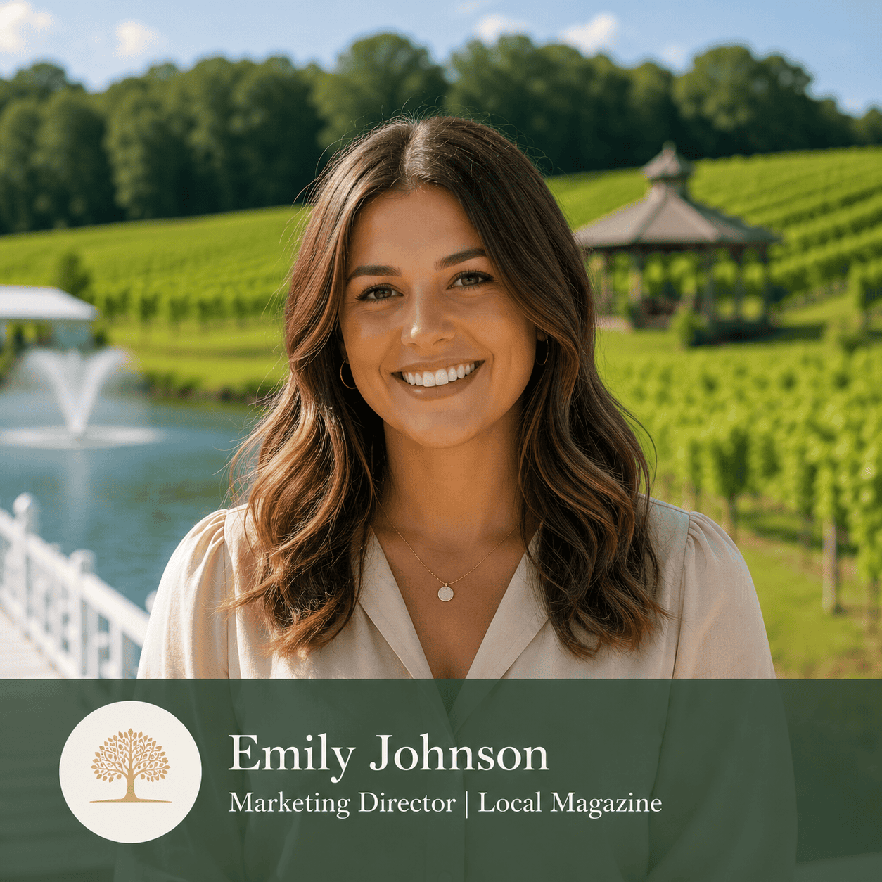 Professional portrait of Emily Johnson at Laurel Haven Estate Vineyard & Winery with vineyard and pond views in the background