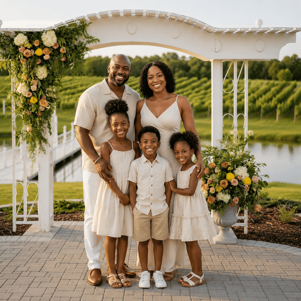 family portrait in front of a floral arbor with vineyard views at Laurel Haven Estate on Father’s Day