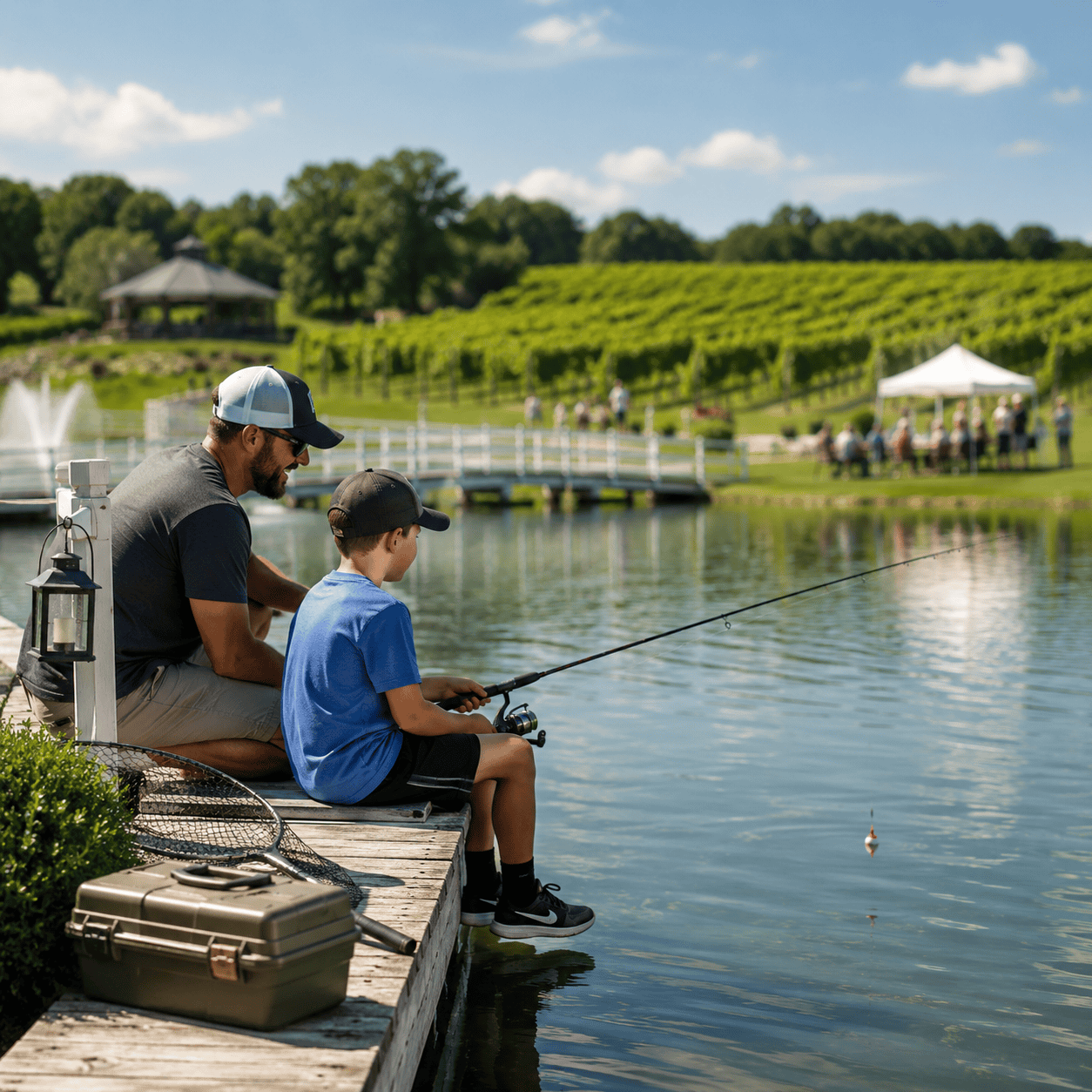 Father and son fishing beside the pond at Laurel Haven Estate Vineyard and Winery with vineyard views and outdoor event atmosphere
