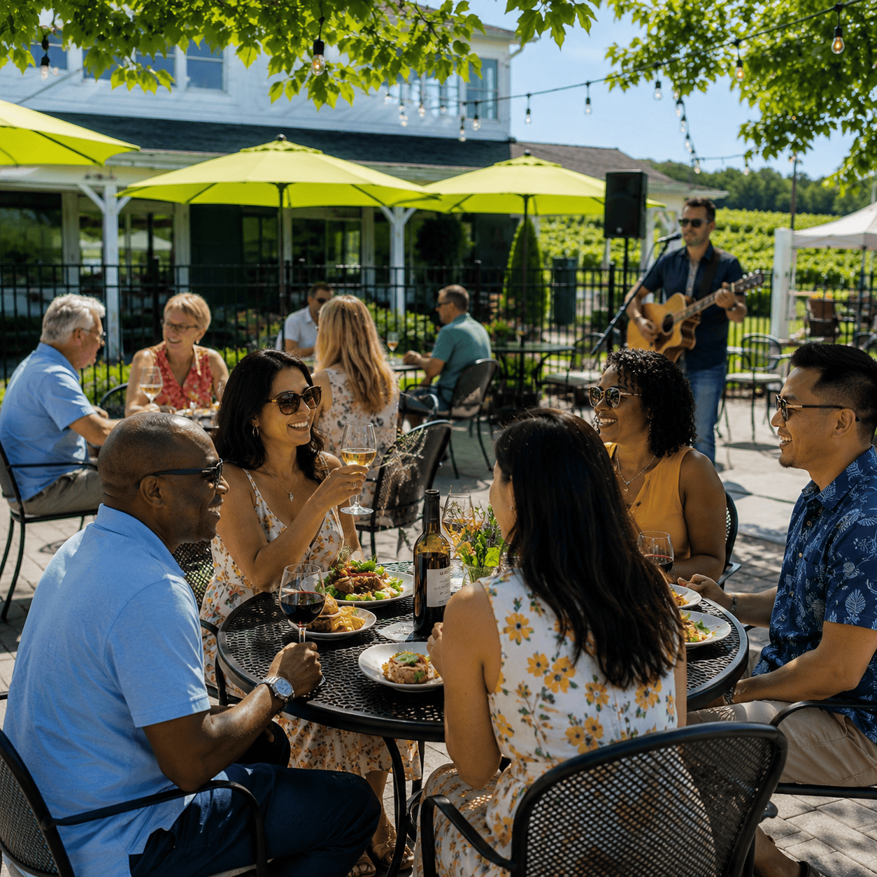 Diverse guests enjoying live music on the patio at Laurel Haven Estate Vineyard & Winery on Father’s Day