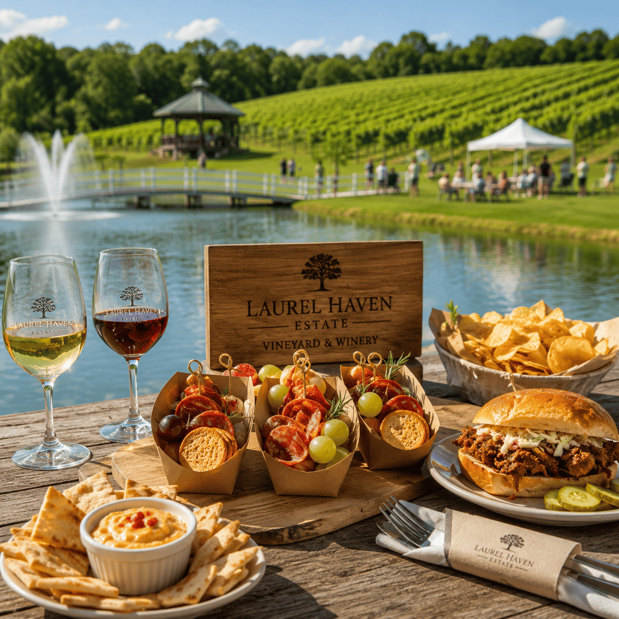 Outdoor Father’s Day lunch spread with charcuterie cups, pulled pork sandwich, wine, chips, and vineyard views at Laurel Haven Estate