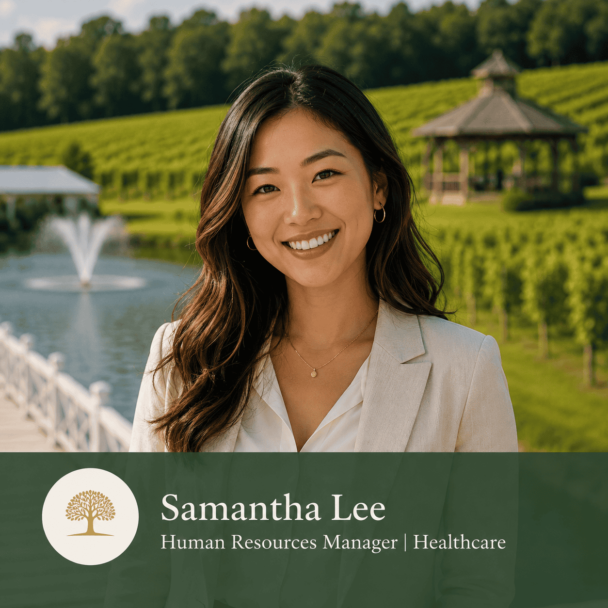 Professional portrait of Samantha Lee at Laurel Haven Estate Vineyard & Winery with vineyard and pond views in the background